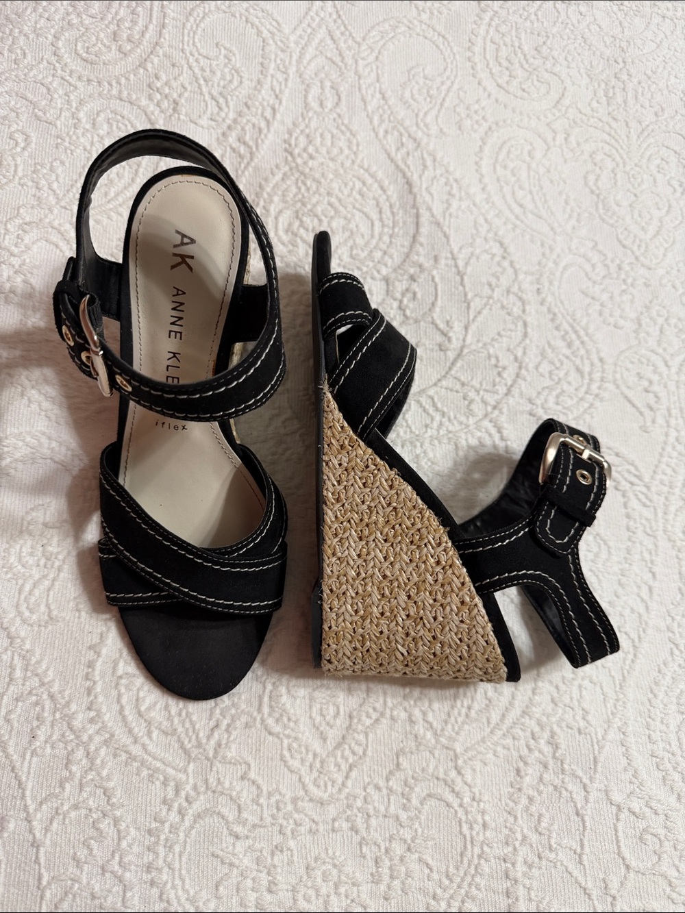 Anne Klein Black Wedge Sandals Size 7.5M with Braided Espadrille Heel